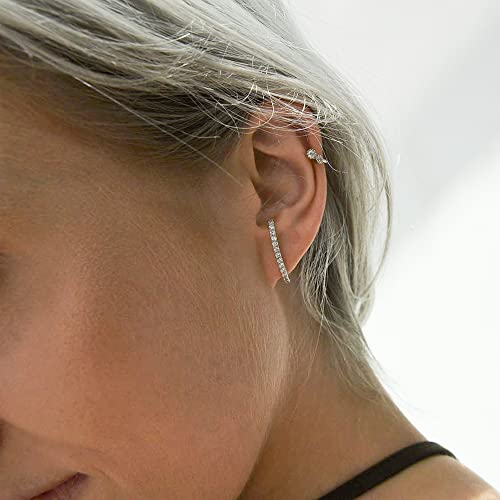 Rhodium Plated Sterling Silver Paved Gemstone Curved Bar Ear Cuffs Suspender Earrings Cz Huggie Earrings #TOP3
