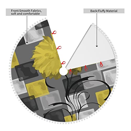 Christmas Tree Skirt With Pom Trim Geometric-Flowers-Yellow-Grey Holiday Christmas Home Decorations 30" #TOP2