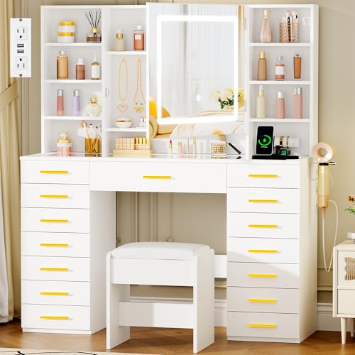 YUNSCEND White Vanity Desk with LED Lighted Mirror, 15 Drawers Makeup Vanity Table with Transparent...