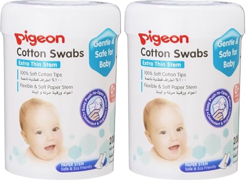 Image of Pigeon Cotton Swabs Extra Thin Stem | 100% Soft Cotton Tips | BPA Free & Eco Friendly | Gentle Baby Ear & Hygiene Care | White | 200 pcs (Pack of 2)