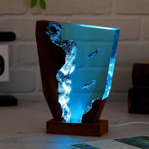 Image of Drawelry Ocean Creative Epoxy Resin Wood Light Lamp, Handmade Multi Color Aquatic Ocean Lamp Deep Sea Cave Diving Enthusiasts Led Night Light Desktop Decor Birthday Gift (Diving, M)