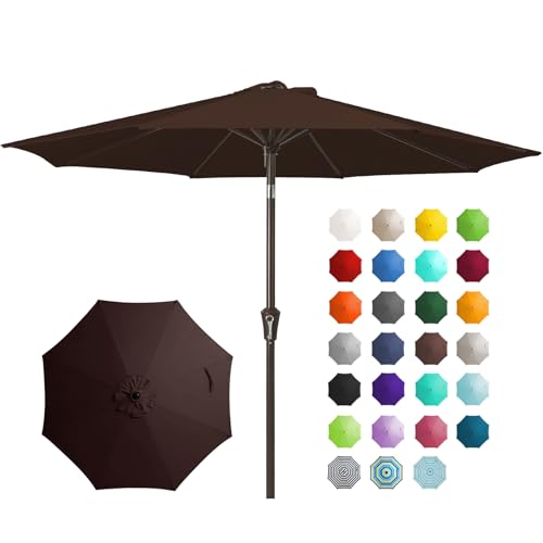 Image of JEAREY 9FT Outdoor Patio Umbrella Outdoor Table Umbrella with Push Button Tilt and Crank, Market Umbrella 8 Sturdy Ribs UV Protection Waterproof for Garden, Deck, Backyard, Pool (Brown)