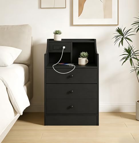 Listado de Buro de Noche de esta semana. 45 TRIUMPHKEY Buro De Noche Minimalista Mesa Auxiliar con USB y Enchufe y 3 Cajones Mesita De Noche Inteligente Muebles De Madera para Recamara y Sala De Estar 45x35x68CM Negro