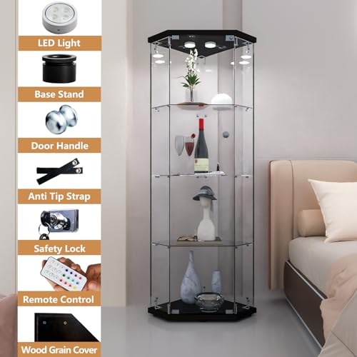 Image of LFT HUIMEI2Y 4-Tier Glass Corner Cabinet with LED&Lock, Display Case Black