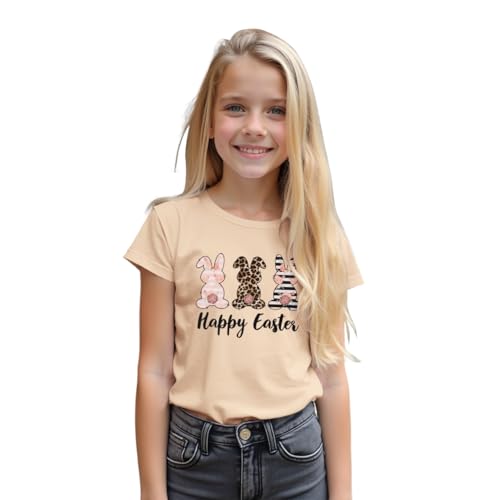 MODNTOGA Girls Happy Easter Shirt Big Kids Easter Outfit Leopard Bunny Graphic T-Shirt Cute Rabbit Print Short Sleeve Tee Top