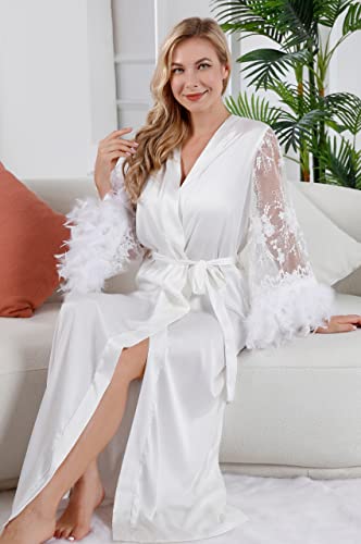 Women Long Satin Tulle Robe, Maternity Photoshoot Bride Feather Dressing Gown Kimono Bathrobe Sleepwear3
