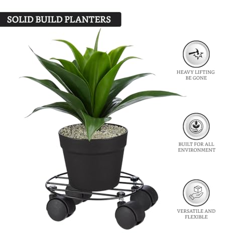 Image of Amazon Brand - Solimo Strong Metal Plant Stand with Wheels (Black, Set of 2, Round) | Home Garden Wheels Plant Stand | Plants Gamla Stand For Living room / Balcony