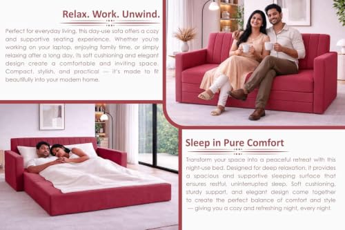 Image of Rosebell Foldable Sofa-Cum-Bed | 3-in-One Convertible Couch with Armrest | Modern Fabric Sofa for Living Room, Bedroom & Office-Red-Color