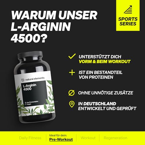 natural elements L-Arginin – 365 Kapseln – Hochdosiert: 4.500mg veganes L-Arginin HCL pro Tagesdosis (3.750mg reines L-Arginin) – hochdosiert – in Deutschland hergestellt & laborgeprüft