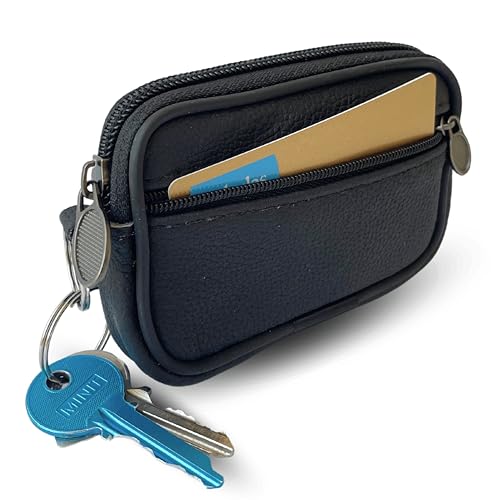Monedero Hombre Pequeño Piel | Porta Monedas con Doble Cremallera de Seguridad | Monedero Viaje con Arandela para Llaves con Cinta de Cuero para Llevarlo en el Cinturón (Negro)