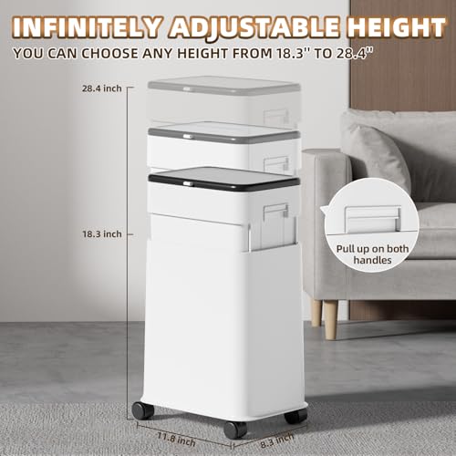 Trash Can with Lid, 20L/5.3Gal Adjustable Height Kitchen Garbage Can, Trash Can on Wheels with Brakes, Plastic Tall and Slim Trash Bin for for Kitchen/Bathroom/Bedroom/Office, White