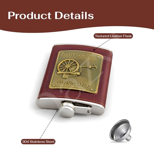 Image of Stainless Steel Hip Flask for Men & Women 8oz (236ml) - Whisky Flask Vodka Alcoholic Liquor Holder with Funnel Drinks Pocket Carrying Case - Leakproof Travel Flasks for Drinks, (Brown ENG)