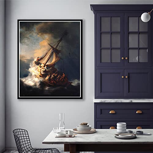 Affiche Classique de Rembrandt Imprimer Christ dans la Tempête sur la Mer Galilée Toile Peinture Célèbre Mur Art Galerie Décor À La Maison 70x100cm Sans Cadre Cover