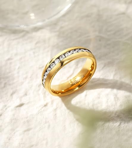 TIGRADE 6mm Gold Titanium Ring Cubic Zirconia Engagement Ring Wedding Band Size 4 to 12.52