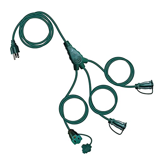 EP Outdoor Extension Cord 1 to 3 Splitter, Max 6ft End to End (12FT Total), 3 Prong Outlets Plugs, 16/3 SJTW Weatherproof Wire for Christmas Landscape String Lights, Green EP Outdoor Extension Cord 1 to 3 Splitter, Max 6ft End to End (12FT Total), 3 Prong Outlets Plugs, 16/3 SJTW Weatherproof Wire for Christmas Landscape String Lights, Green