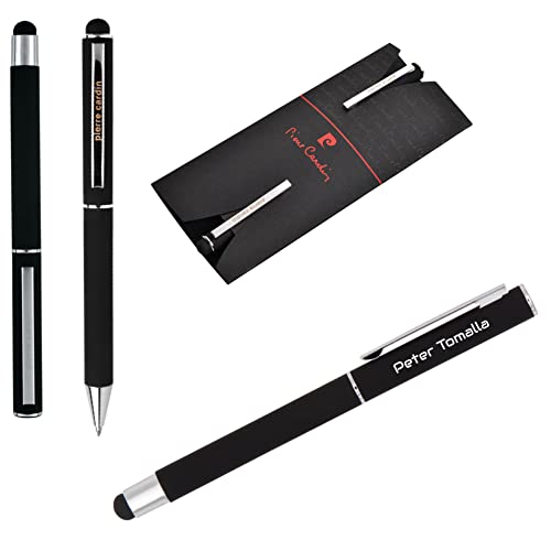 Stylo tactile et bille gravé Pierre Cardin CLAUDIE étui noir et mine bleue personnalisable