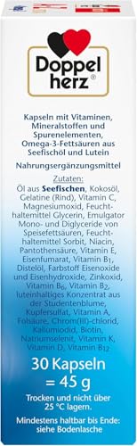Doppelherz A-Z + Omega-3 Extra - 20 Vitamine, Mineralstoffe & Spurenelemente + Omega-3 + Lutein - Nur 1 Kapsel täglich - 30 Kapseln