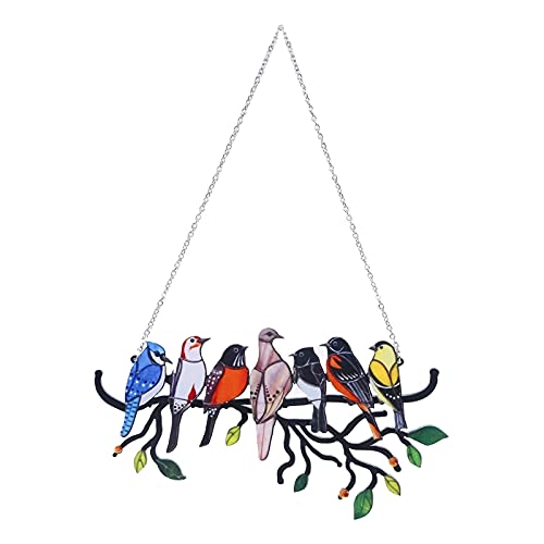 TPTPMAY Multicolor Birds on Wire Stained Glass Suncatcher Window Panel Ornaments Pendant Home Decoration Multiple Birds on a Wire High Stained Glass Suncatcher Window Hanging Ornaments