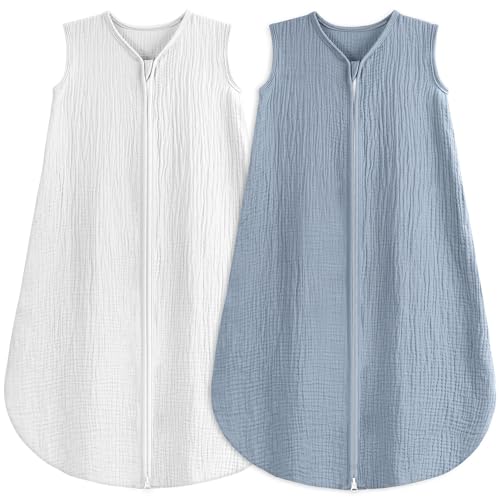 BSTOPPT 2 Pack Baby Sleep Sack 18-24 Months 100% Organic Cotton Muslin Baby Sleeping Bag 2-Way Zipper Wearable Blankets TOG 0.3 (White & Light Gray, X-Large)