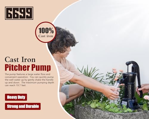 Durable Cast Iron Pitcher Pump Antique Manual Hand Shake Suction Well Pump Water Transfer Pump 25ft Maximum Lift Easy Installation for Outdoor Garden Pond Backyards SWP 300 Black
