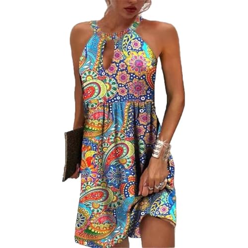 Beimuc M Colorful Printing Women Summer Sleeveless Halter Neck Dresses 2026 Casual Floral Print Sun Dress for Party Beach Vacation