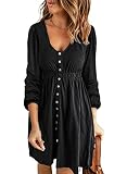 BLENCOT 2022 Casual Dresses for Women Crew Neck Long Sleeve Button Down Swing Short Dress Black M