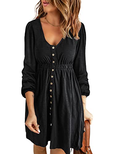 Blencot 2022 Casual Dresses For Women Crew Neck Long Sleeve Button Down Swing Short Dress Black M #TOP12