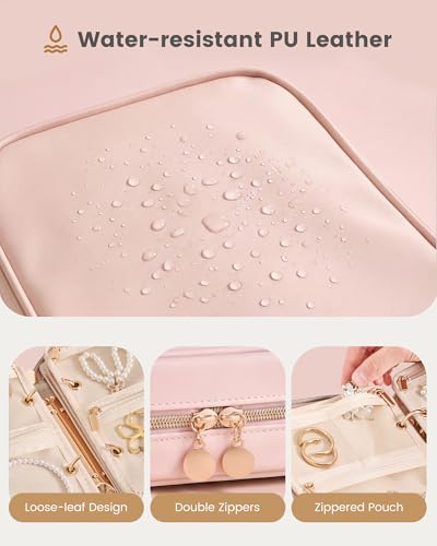 Lolalet Travel Jewelry Notebook Organizer Case, Large Jewelry Binder Book with Individual Pouches, Portable Leather Zippered Bag for Storage of Earring, Ring & Necklace, Gift for Women -Apricotpink — view 5