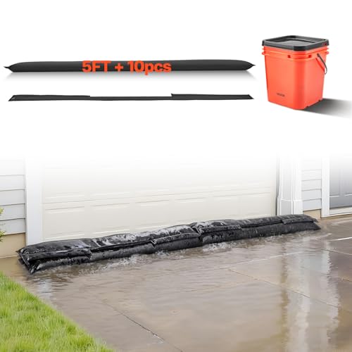 VEVOR Flood Barrier, 10 Pack, 5 x 0.7 ft Flood Bags with Bucket, Water Absorbent Barrier Activated by Water, Sandless Sandbags Blockage, Flooding Prevention Bags for Basement, Garage, Doorway by VEVOR - Used condition - US$12.53