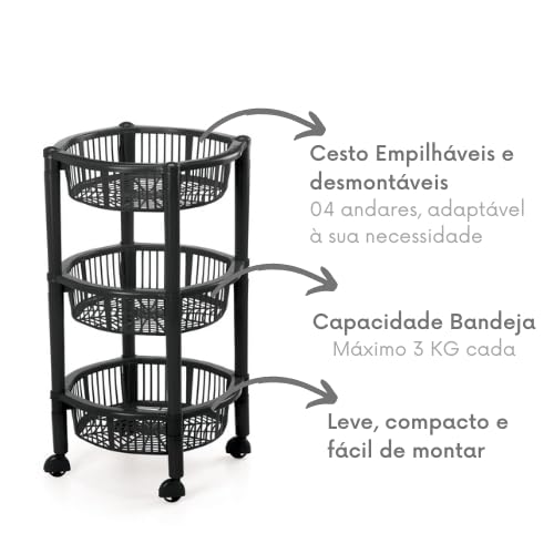 Fruteira Cesto De Frutas 3 Andares Reforçado Com Rodinha Redondo (Preto)