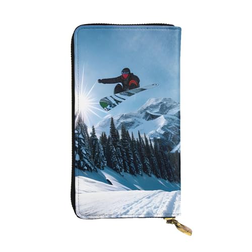Portefeuille long en cuir imprimé snowboard pour femme avec grand clip et porte-cartes