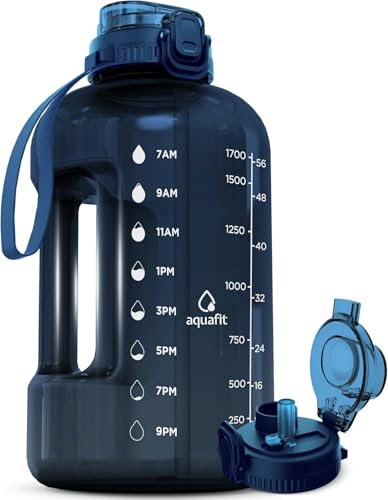 Image of AQUAFIT 64 oz Water Bottle with Time Marker, 2in1 Lid | BPA Free Half Gallon Water Bottle with 2in1 Straw and Chug Lid - Leakproof Gym Water Bottle with Carry Handle (Nebula)