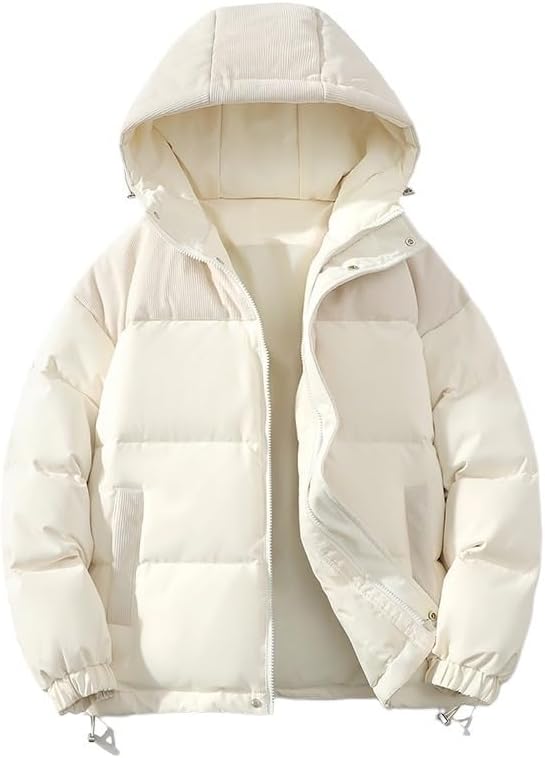Mens Hooded Colorblock Corduroy Down Jacket Winter Thick Warm Comfortable Puffer Coat