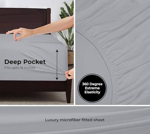 Image of Royale Linens Fitted Sheet Queen - Ultra Soft 1800 Brushed Microfiber - Hotel Luxury Bottom Sheets - Wrinkle Free & Fade Resistant - Deep Pocket Fitted Sheet Only (Queen, Silver)
