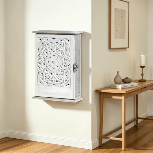 Zuxbolf Boite a Clef Decorative, Boîte à clés Murale en Bois Armoire à Clés en Bois Armoires à Clés en Design Rétro Creux avec 6 Crochets pour Entrée,...