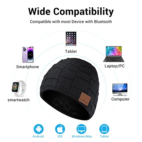 Bluetooth Beanie For Women With Ponytail Hole - Wireless Knitted Beanie Hat With Bluetooth Headphones Built-In Microphone, Winter Warm Hat Stocking Stuffer Gifts For Girls Women Ponytail Cap Black #TOP7