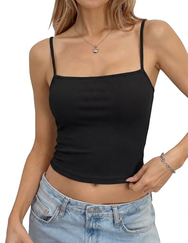 Ekouaer Womens Ribbed Camisole Tank Tops Square Neck Spaghetti Strap Crop Top Summer Cute Cami 2026 Black