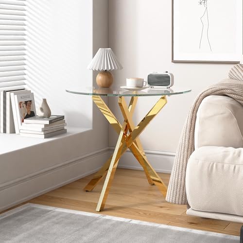 GOLDFAN Mesa auxiliar de cristal con patas doradas para sala de e...