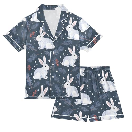 ALAZA Winter Rabbit Snowflake Blue Satin Pajamas Set Short Sleeve Button Down Sleepwear Summer Pjs 2 Piece