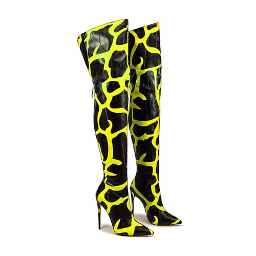 Image of Thigh high boots for women striped Back zipper Burgundy Zebra Print Over the knee Sexy gold white pointed toe Cow Print leopard Magenta stiletto heel