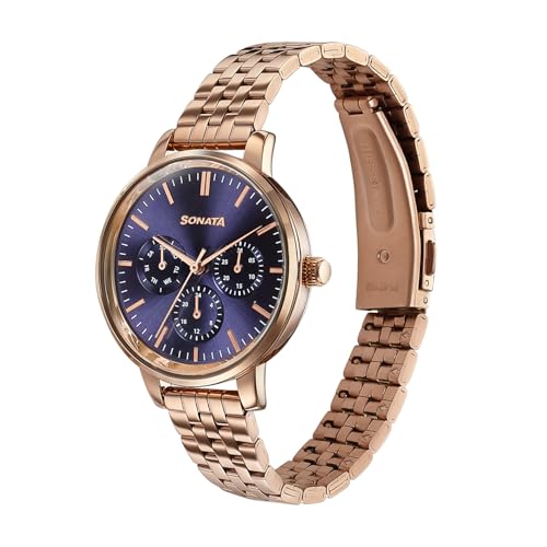 Image of Sonata Verve Quartz Analog with Navy Blue Dial Rose Gold Sheet Metal Strap Watch for Women - 87102WM01