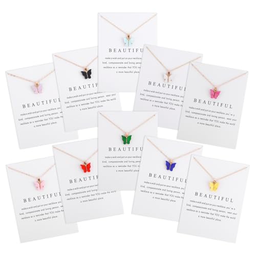 Mikovivi 10pcs Colorful Butterfly Pendant Necklaces, Colorful Butterfly Necklace with Card for Women Friendship Party Jewelry Favors Gift Bulk