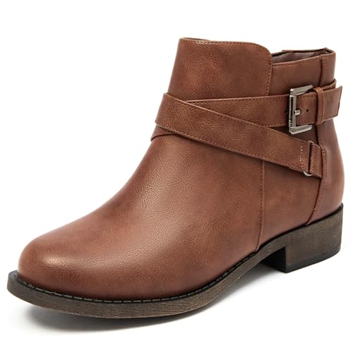 Ataiwee Women's Ankle Boots Faux Leather Low Heel Zip Booties,Brown 11