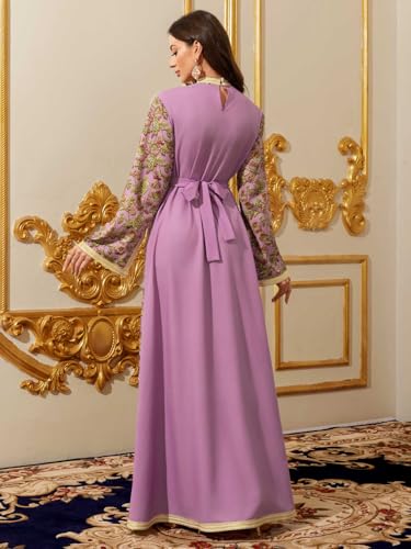 Image of Abaya for Women Floral Embroidered Muslim Dress V-Neck Arabian Maxi Robe