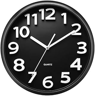 Plumeet 10'' Small Wall Clock, Non-Ticking Silent Quartz Decorative Clocks, Modern Style Good for Home Kitchen Living Room Bedroom Office, Big 3D Number Display, Battery Operated (Black)