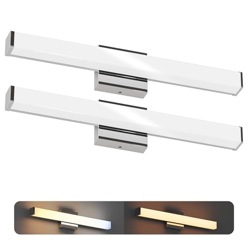 Image of 24 Inch Bathroom Vanity Light Fixtures with Night Light: Long Square Wall Mounted LED Lighting Bar Over Mirror with 5CCT & 2200K Color Changing, 120V, 1230-1350lm, ETL, Chrome, 2 Packs