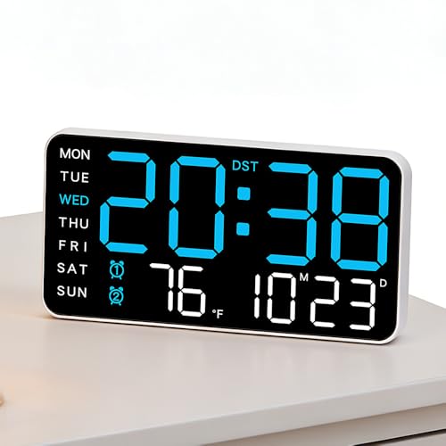 Hojalis Reloj de Pared Digital LED, 21,5 x 11 x 2,7 cm Reloj Digital Pared con Grande LED, Temperatura, Fecha, 2 Alarmas, Brillo Ajustable, Reloj Digital de Pared para Salon Cocina Oficina