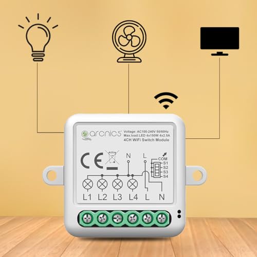 arcnics® - 4 Node Smart WiFi Retrofit Switch | WiFi Controlled | Works with Smart Life, Alexa, Google | Fits into any Existing Switch Board | DIY 4 Channel/Gang Module
