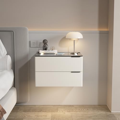 Mesita de noche flotante montada en la pared con 2 cajones de almacenamiento, estantes flotantes, estación de carga/LED para dormitorio