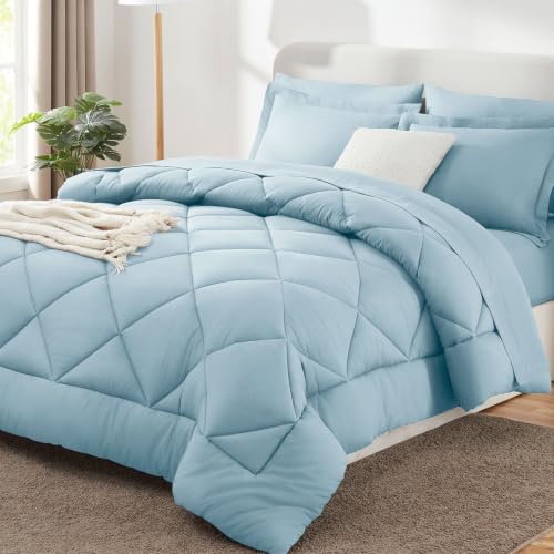 Image of CozyLux Full Size Comforter Sets Light Blue - 7 Pieces Bed in a Bag Full, Luxury Soft Bed Set for All Seasons, Bedding Set with Down Alternative Comforter, Sheets, Pillowcases & Shams